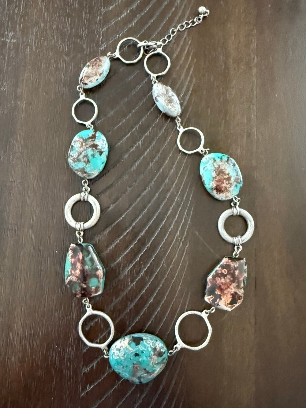 Vintage Handmade Turquoise Blue Artisan Statement Necklace Silver Tone
